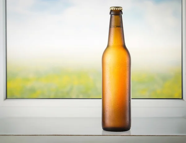Beer bottle on window — Stock Photo, Image