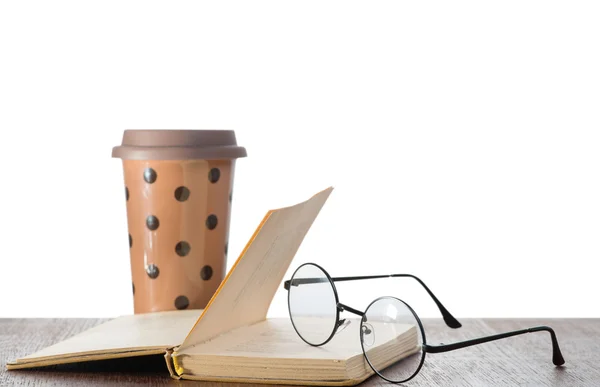 Bril, boek en koffie — Stockfoto