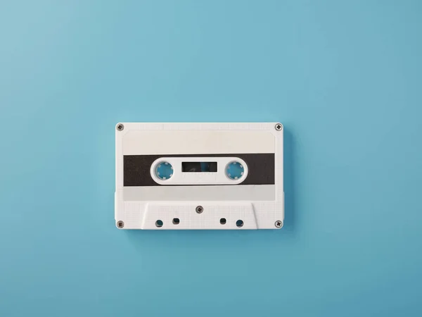 White Audio Cassette Blue Background — 图库照片