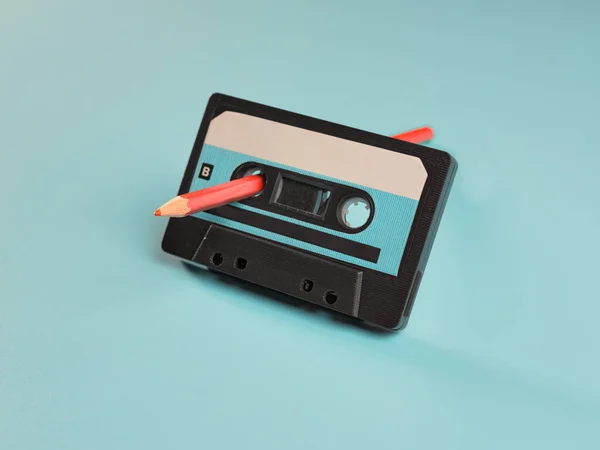 Vintage Audio Cassette Pencil Blue Background — 图库照片