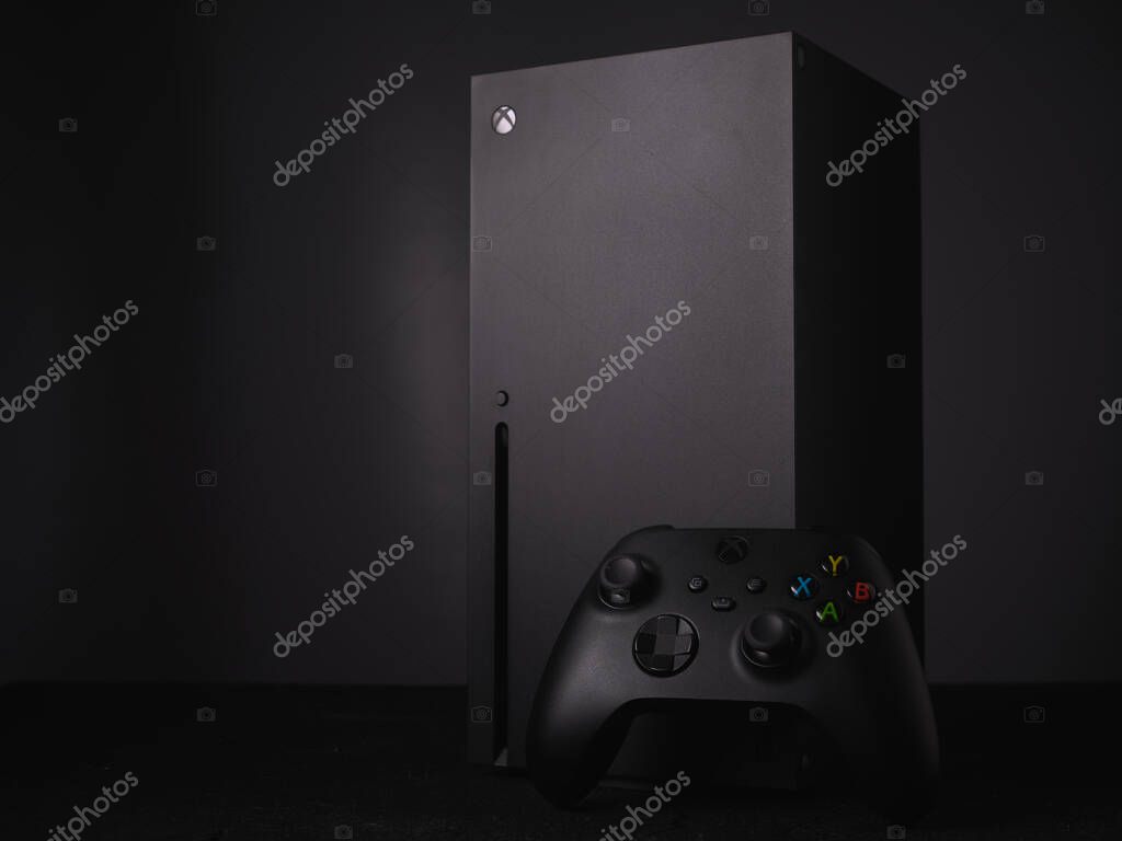UKRAINE, KHARKOV - 22 May, 2021: New video game console Xbox Series X on a black background