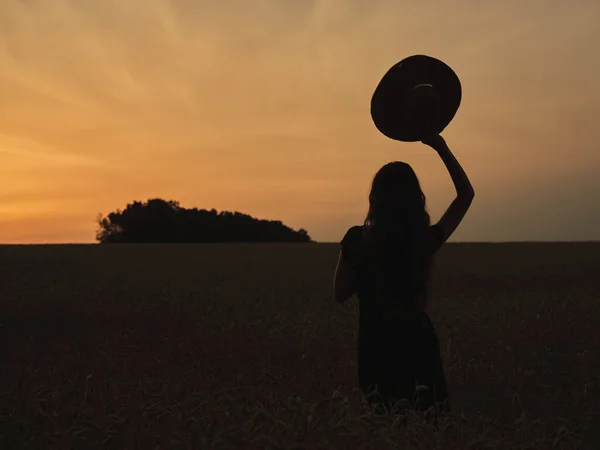 日落时带着帽子在田野里的女孩的轮廓 — 图库照片