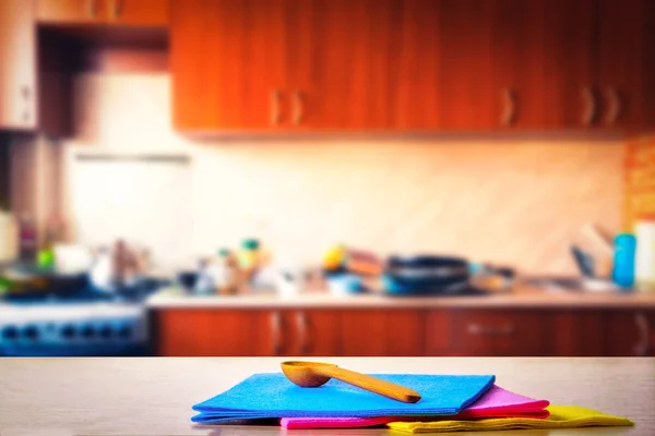 Towels and wooden spoon — Stock Photo, Image