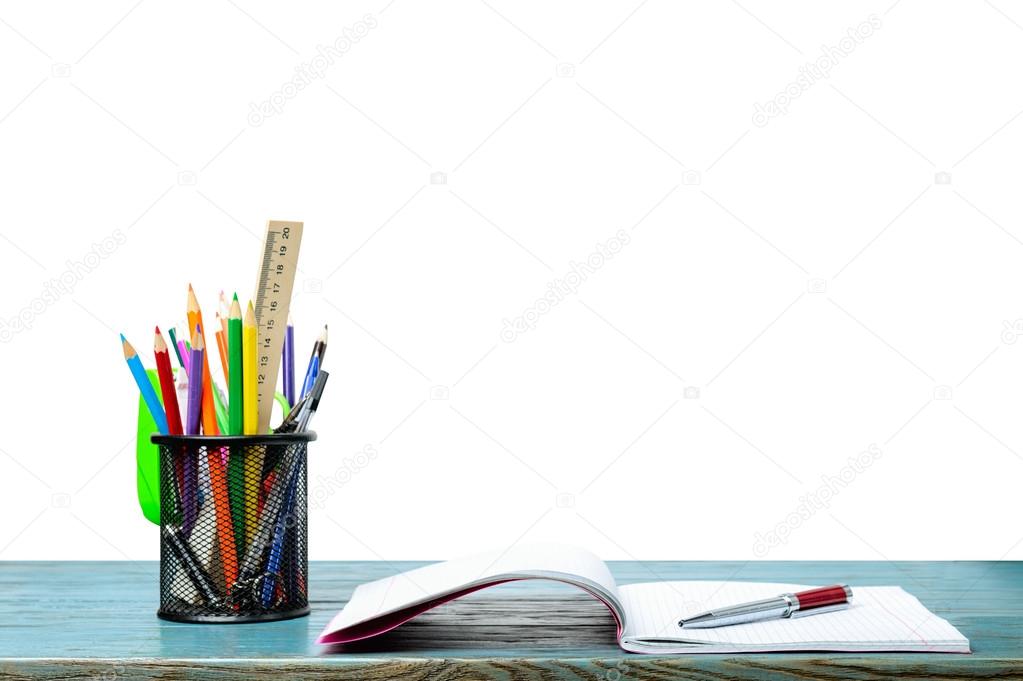 Copybook, pen and pencils — Stock Photo © olegkrugllyak 79735230