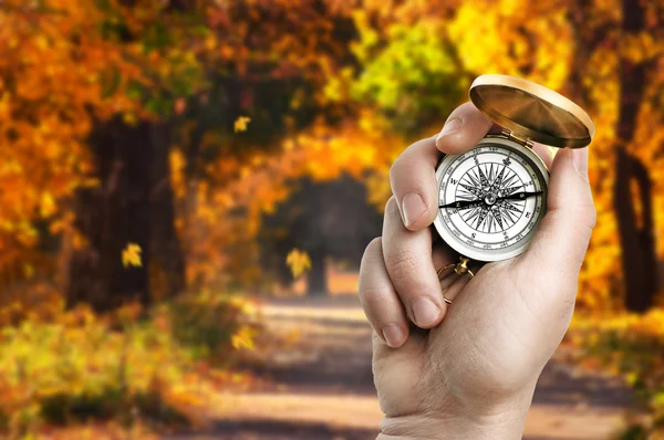 Hand holding compass in autumn park — Stock Photo, Image