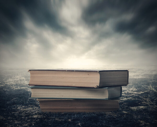 Книги в драматическом постапокалиптическом ландшафте
