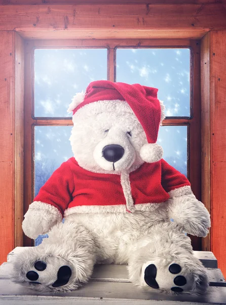 Christmas bear on window — Stock Photo, Image