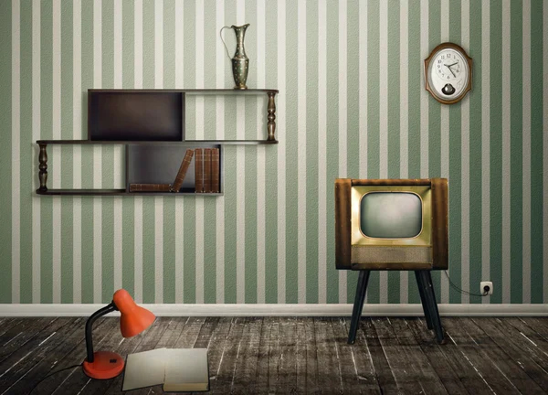 Винтажный интерьер с телевизором — стоковое фото