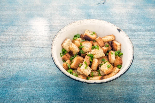 Homemade croutons in bowl — Stock Photo, Image