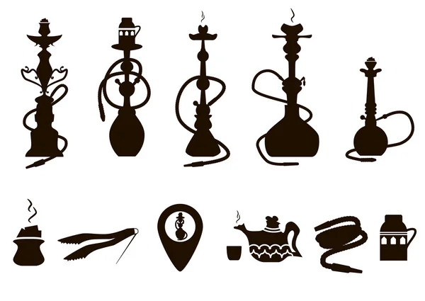 Hookah ikony czarny zestaw akcesoriów na białym tle wektor illustra — Wektor stockowy