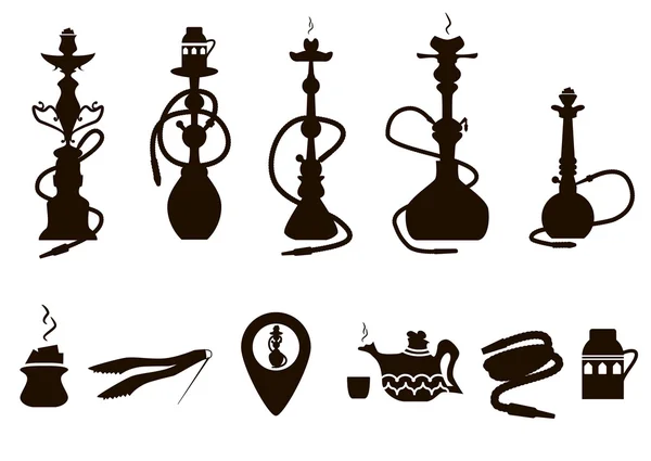 Narghilè icone set nero con accessori isolato vettore illustrare Illustrazione Stock