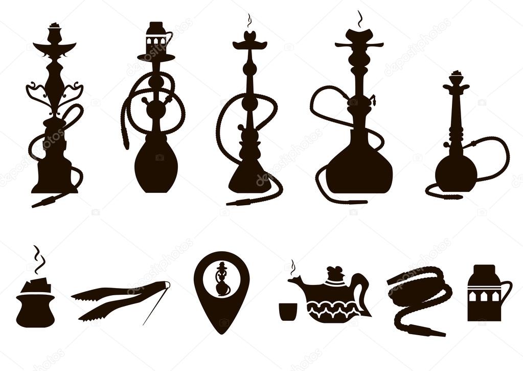 hookah icons black set with accessories isolated vector illustra