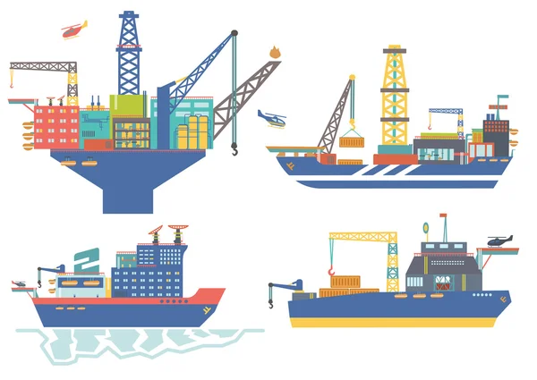 Plataforma petrolífera, buque de perforación, gabarra de petróleo y gas, rompehielos vector il — Vector de stock