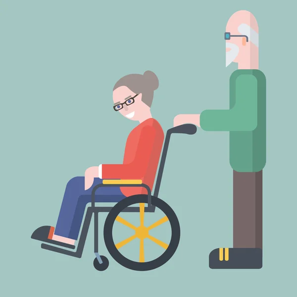 Yaşlı adam kendine iyi bak bir tekerlekli sandalye vektör illustra üzerinde yaşlı kadın
