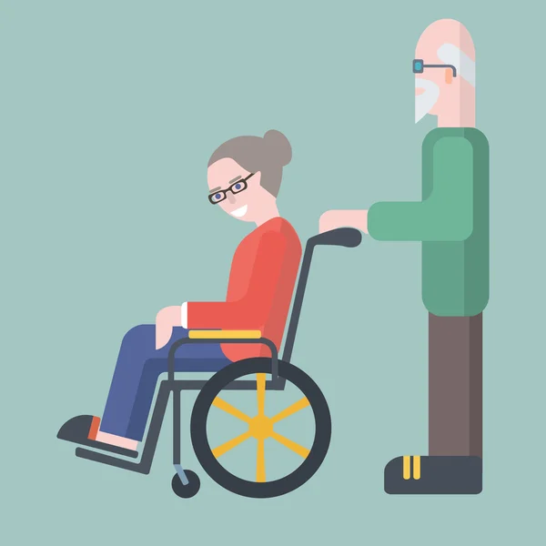 Gammal man ta hand om äldre kvinna på rullstol vektor illustra Vektorgrafik