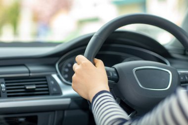 Araba sürerken gösterge paneline bak. Şoför direksiyonu tutuyor. Orman yolu arabanın önünde. Limuzin şoförü limuziniyle sürüp gülümsüyor..