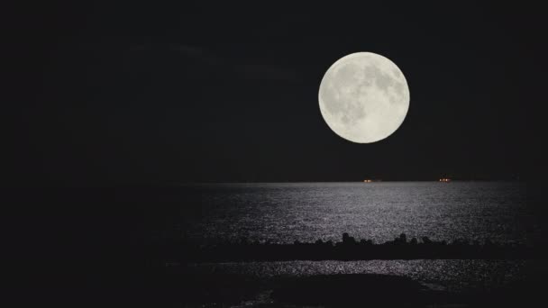 Pleine Lune Levant Sur Océan Vide Nuit Avec Espace Copie — Video