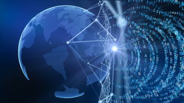 İnternet işi için iletişim teknolojisi. Dünya üzerindeki küresel iletişim ağı ve telekomünikasyon kripto para birimi, engelleme zinciri ve IOT. 3B illüstrasyon.