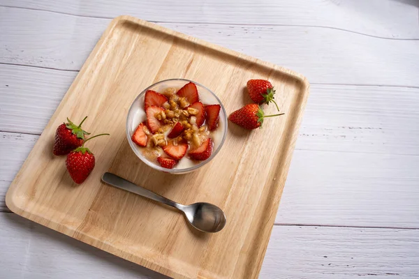 Dessert Fresh Strawberry Ricotta Strawberry Jam Basil Glasses — Stock Photo, Image