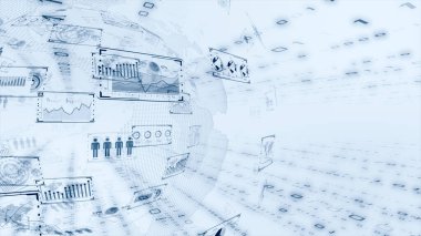 Farklı diyagram çizimleri olan iş bilgisi grafikleri. Veri görselleştirme elemanları, pazarlama grafikleri ve grafikleri. 5G ve yapay zeka teknolojisi geçmişi. 3B illüstrasyon. 