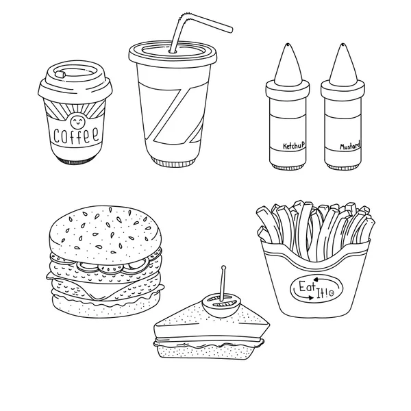 Conjunto de desenhos animados fast-food refeição lineart — Vetor de Stock