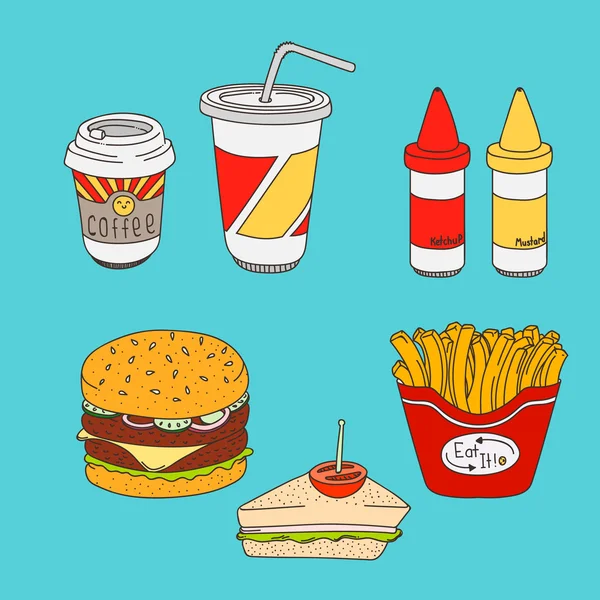 Set di cartoni animati fast-food colorati — Vettoriale Stock