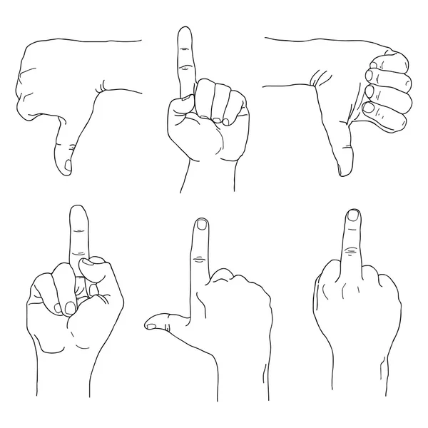 Hands set outline part 4. Rude gestures, fuck you, thumbs down, forefinger up. — Stock Vector