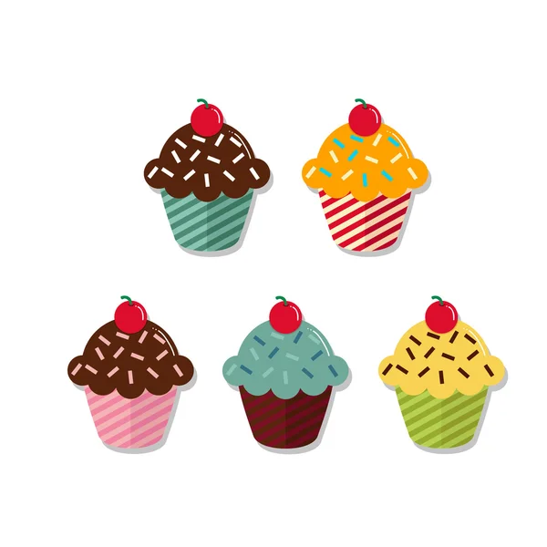 Készlet öt különböző cupcakes a cseresznye a tetején fehér háttér. — Stock Vector