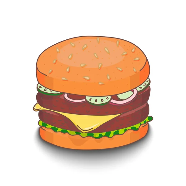 Cute hand-drawn cartoon style hamburger with shadow on white background. — Stock Vector