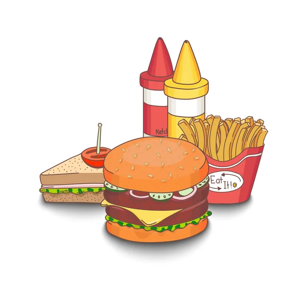 Vector illustration of cartoon fast-food meal colored with shadows. — Stock Vector