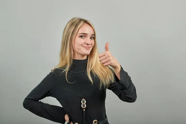 Showing thumbs up, like sign Positive something good has happened finger gesture Stock Image