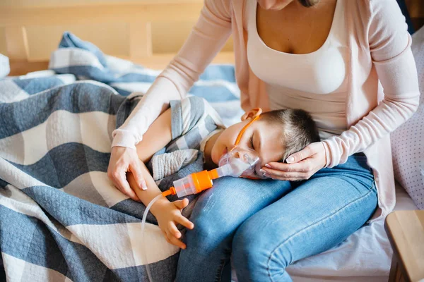 Little Boy Given Inhalation His Mother Lung Disease Medicine Care — Stock Photo, Image