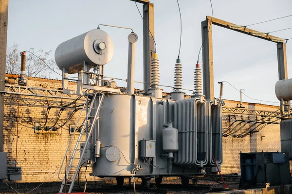 Power transformer at the electrical substation. Power engineering. Industry