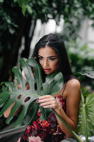 Een Jonge Mooie Brunette Poseren Tussen Dichte Struiken Van Jungle — Stockfoto