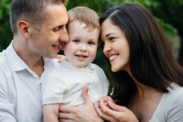 Happy Family Son Walking Park Sunset Happiness Love — Stock Photo, Image