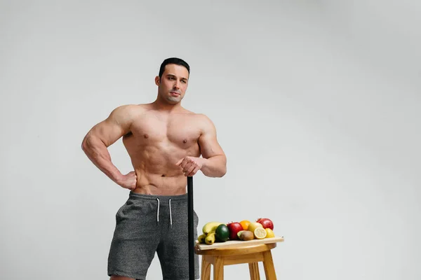 Sexy Vegan Guy Naked Torso Posing Studio Next Fruit Diet — Stock Photo, Image