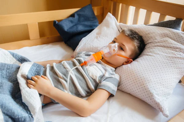 Young Boy Given Inhalation Lung Disease Medicine Care — Stock Photo, Image