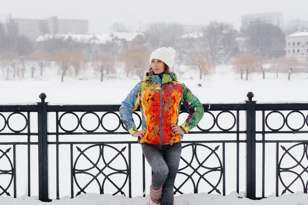 Young Athletic Girl Poses Frosty Snowy Day Fitness Running — Stock Photo, Image