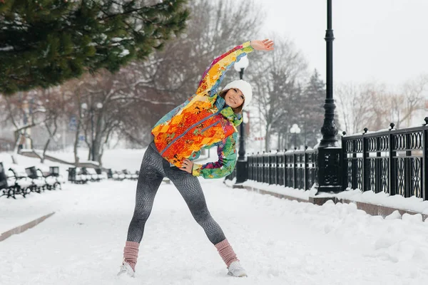 Young Athletic Girl Does Sports Frosty Snowy Day Fitness Running — Stock Photo, Image