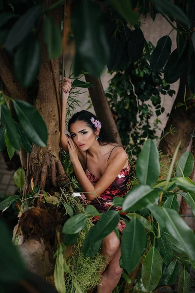 Egy Fiatal Gyönyörű Barna Pózol Sűrű Dzsungel Esőerdő Között Gyógyfürdő — Stock Fotó