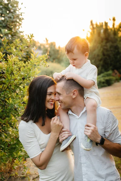 Happy Family Son Walking Park Sunset Happiness Love — Stock Photo, Image