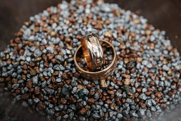 Arany Jegygyűrűk Közeli Egy Száraz Akváriumban Esküvői Kellékek — Stock Fotó