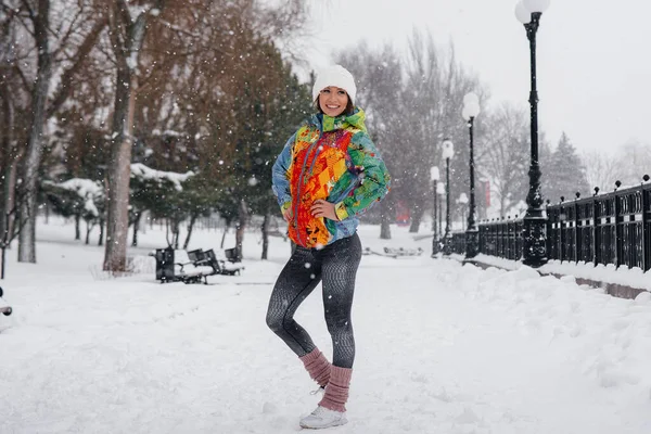 Young Athletic Girl Poses Frosty Snowy Day Fitness Running — Stock Photo, Image