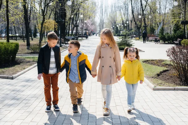 Group Children Play Together Walk Park Holding Hands Friends Children — Stock Photo, Image