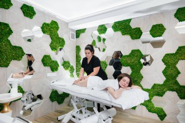 Genç ve güzel bir kız Spa 'da profesyonel bir elektrik süpürgesi masajının keyfini çıkarıyor. Vücut bakımı. Güzellik salonu