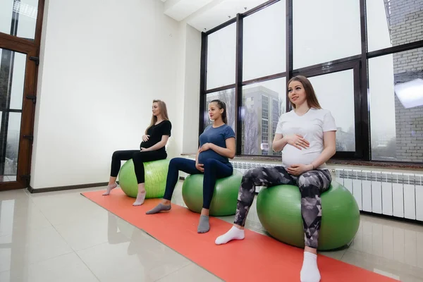 A group of young pregnant mothers are engaged in Pilates and ball sports at a fitness club. Pregnant