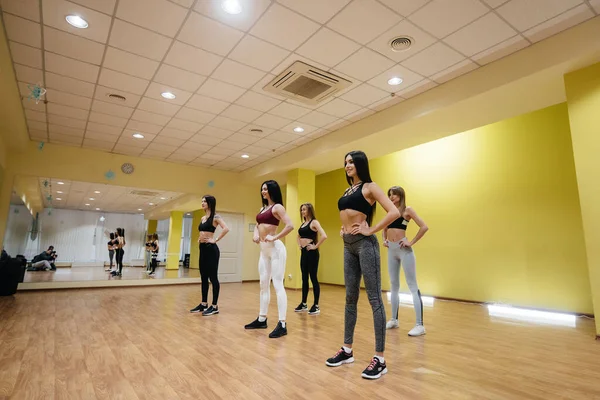 Meninas Jovens Atléticas Envolvem Aptidão Aeróbica Uma Classe Grupo Fitness — Fotografia de Stock