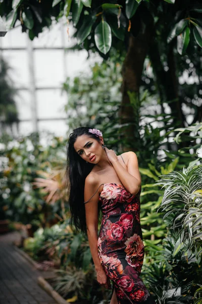 Una Joven Hermosa Morena Posando Entre Densos Matorrales Selva Selva — Foto de Stock