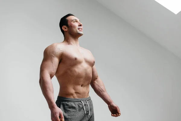 Sexy Athlete Posing White Background Topless Fitness — Stock Photo, Image