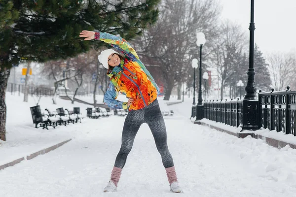 Young Athletic Girl Does Sports Frosty Snowy Day Fitness Running — Stock Photo, Image